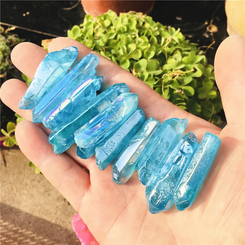 Wholesale1000g Electroplated Light Blue Titanium Aura Lemurian Seed Quartz Crystal Point Stones Specimen Natural Quartz Crystals