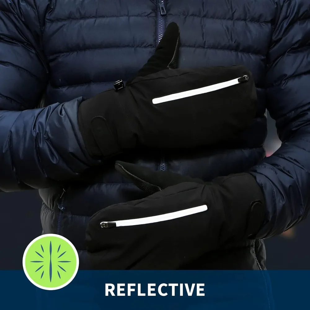 قفازات الجري الشتوية للرجال - قفازات بسحاب قابلة للتحويل، عازلة للحرارة، مثالية للطقس البارد، أسود