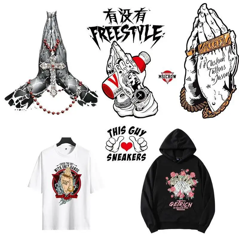 

Popular Fashion Hip Hop Youth Clothing T-shirt Sublimation Punk Gesture Joining Hands And Praying Lucky Clothing Iron Patch