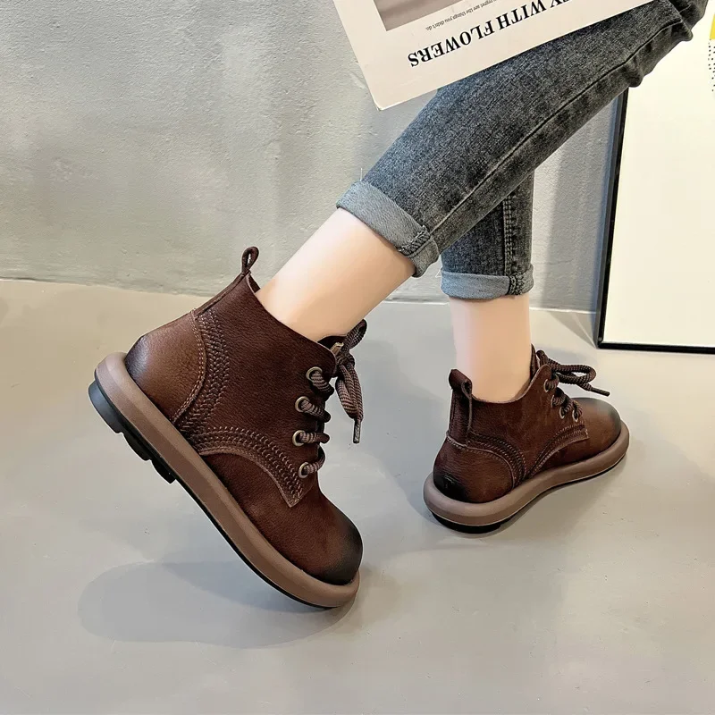 Careaymade-Genuine leather women's Boots,round head cowhide wear-resistant anti slip retro brushed color women warm short boots