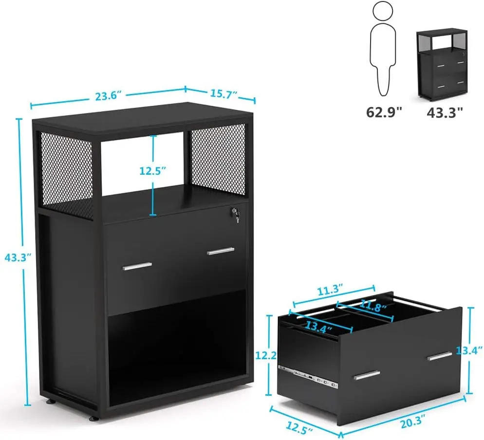 2 Drawer Lateral File Cabinet with Lock, Letter/Legal / A4 Size, Large Modern Filing Cabinet Printer Stand with Metal Wire Open