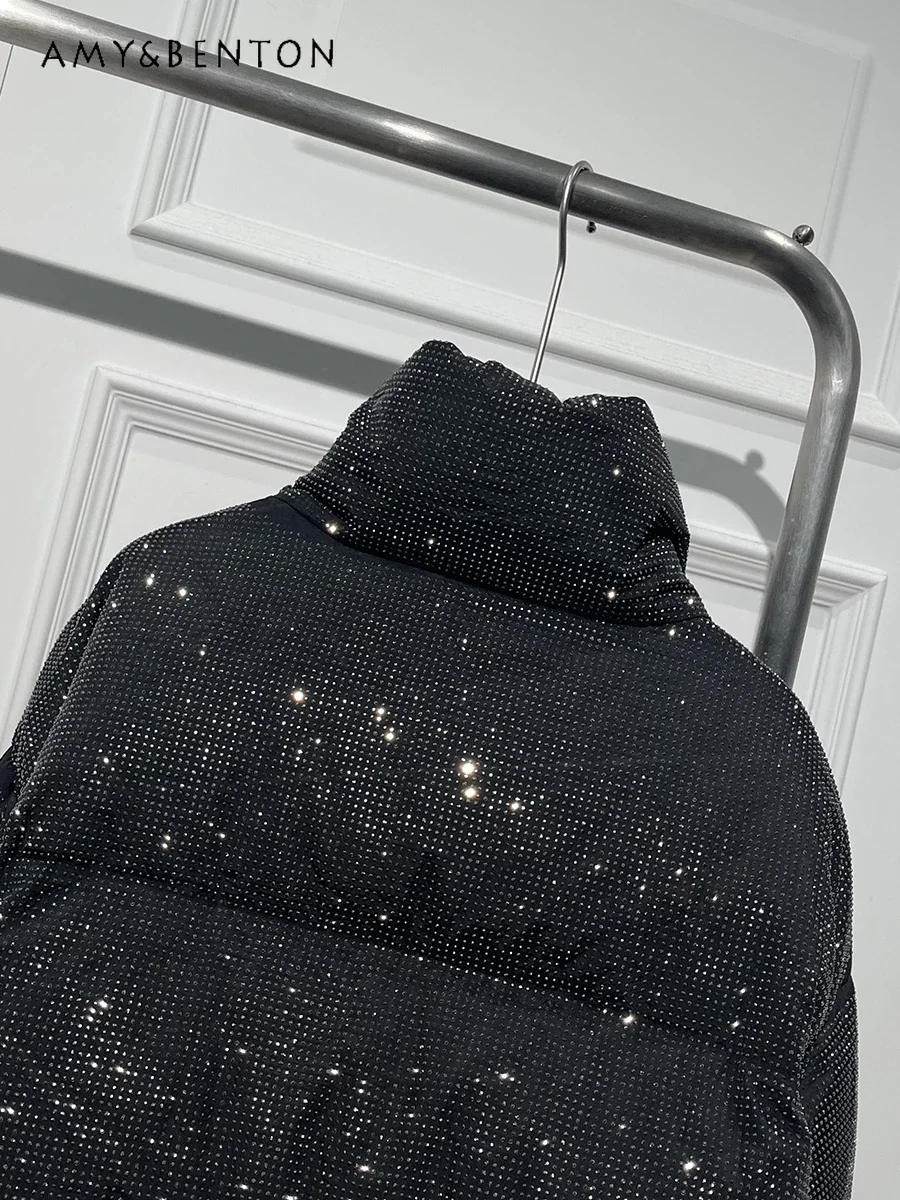 Fashion Heavy Industry Bright Diamond Thickened Jacket Women Autumn Winter Trend Loose Slim Versatile White Duck Down Jackets