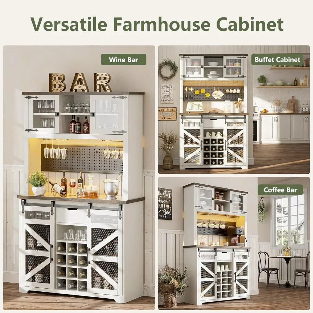 Farmhouse liquor cabinet with Power Outlet, LED Light, 13 Storage Shelves, 12 Wine Rack, ,Liquor Cabinet for Home & Dining Room