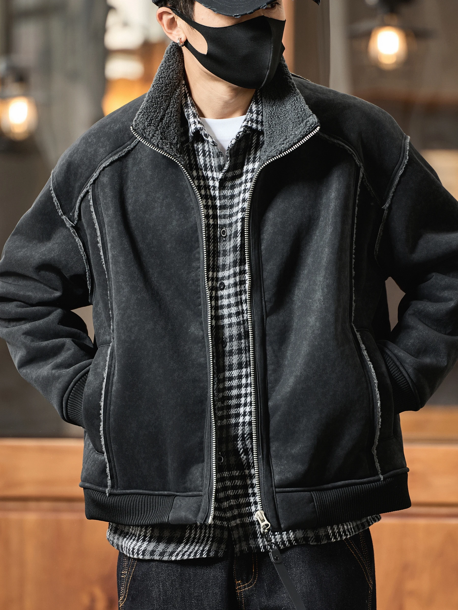 

Retro American Faux Leather Jaet Men's Warmth Plu Lined Fur Inteated Sli Motorcycle PU Leather Jaet Autumn Winter