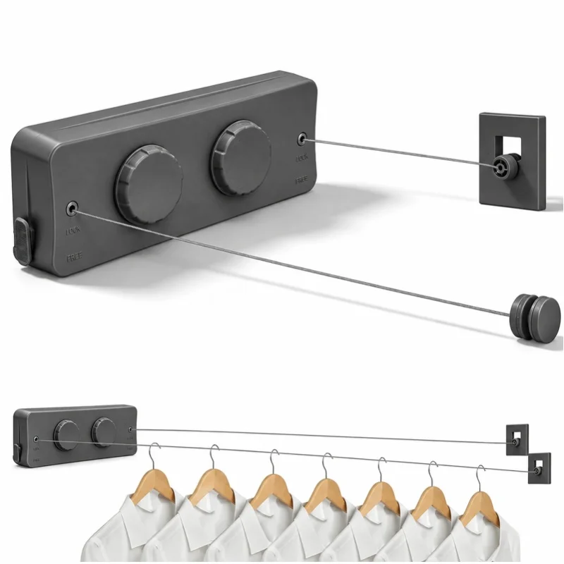 Einziehbare Wäscheleine, 2 x 5,2 Meter Edelstahlseil, Wandmontierte Einziehbare Wäscheleine, Wäscheleine für Balkon, Waschküche, Hotel, Badezimmer, Schlafzimmer
