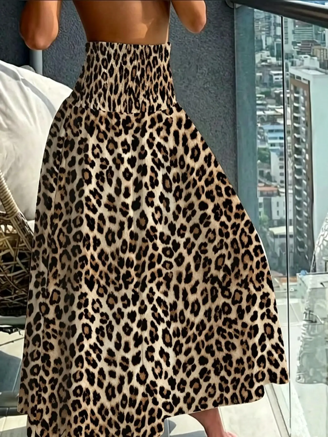 Damen Leoparden-Print Swing Maxirock mit Hoher Taille, Geraffter Taille und Dehnbarem Stoff im Casual Resort-Stil, Ideal für Strand & Alltag – Detail 4