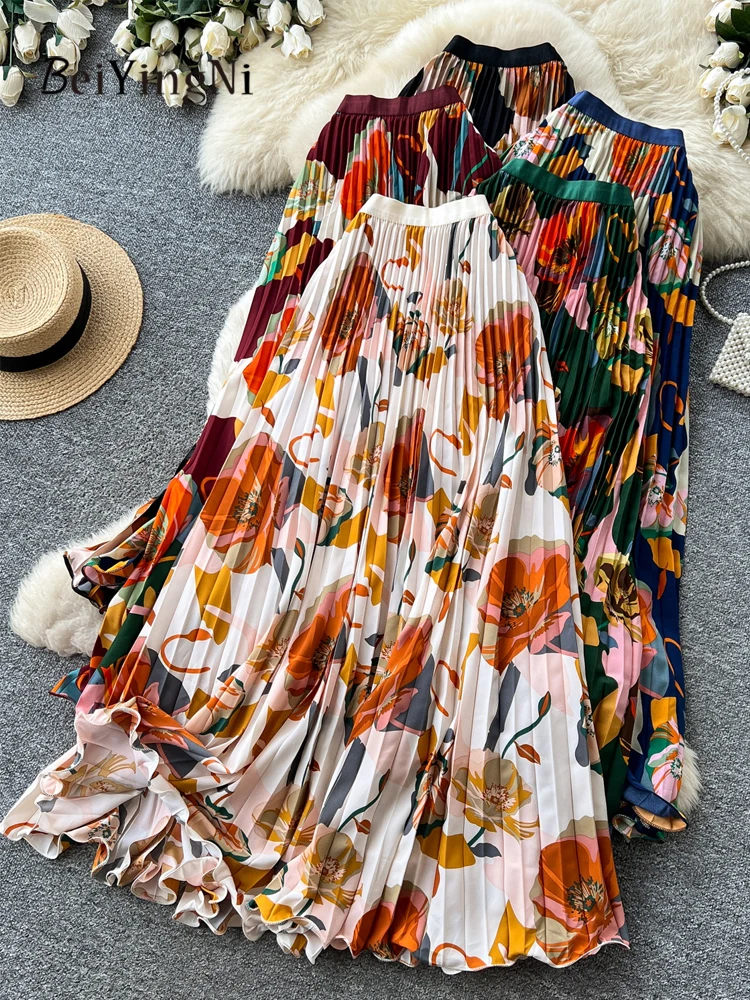

Beiyingni 2026 Fashion Pleated Skirts for Women Retro Printed Chic High Waist Maxi Skirt Female Street Beach Boho Holiday Skirt