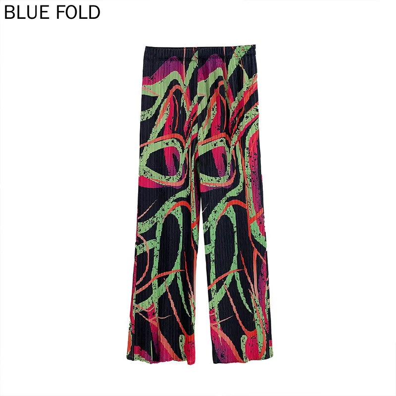 Miyake geplooide rechte broek 2025, groot formaat, losse geplooide nieuwe bedrukte elastische taille, casual broek, drukplooibroek