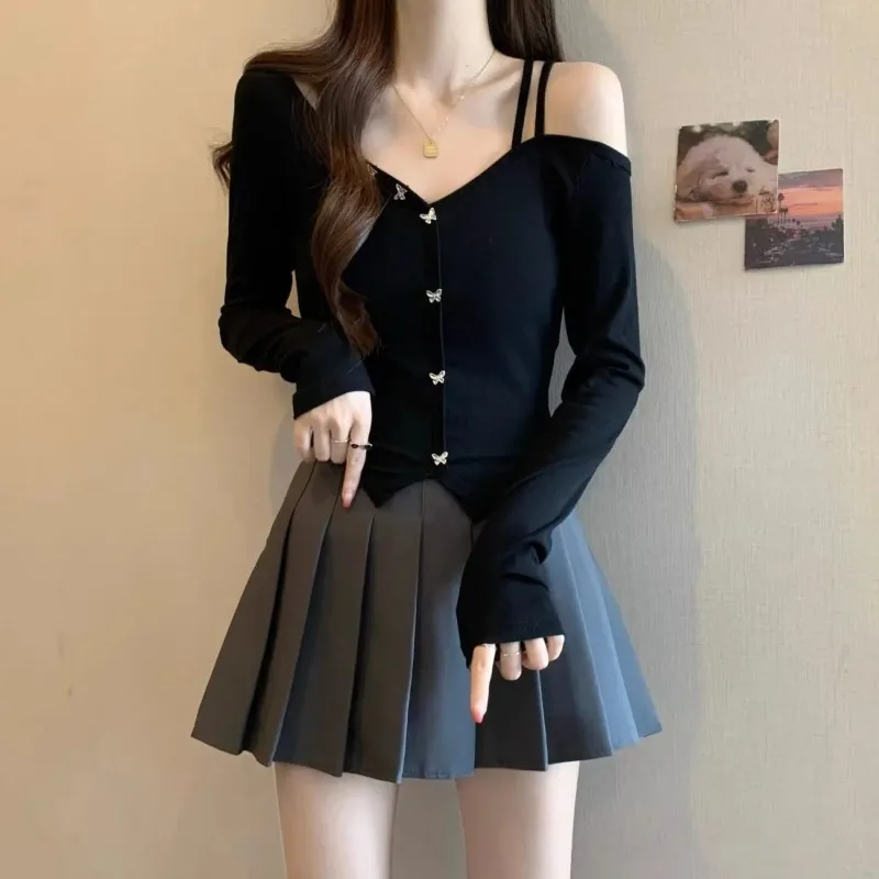 

Women Spring Fall Sexy Off-Shoulder Black T-Shirt Mini Skirts 2 Piece Set Lady Korean Butterfly Asymmetrical Top Skirt Outfits
