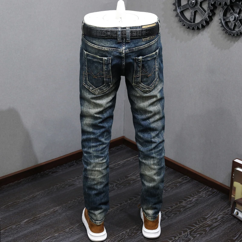 Fashion Designer Men Jeans High Quality Retro Washed Blue Stretch Slim Fit Ripped Jeans Men Patched Vintage Denim Pants Hombre