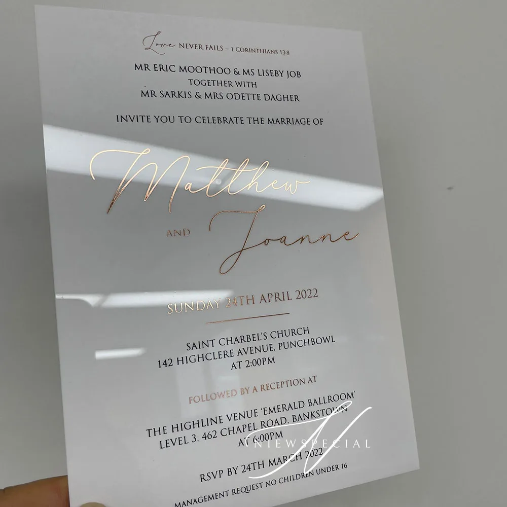 Gold/Silver/Rose Gold foil White Acrylic Invitation, Contemporary Simple Wedding Invitation, Personalized Font and Color