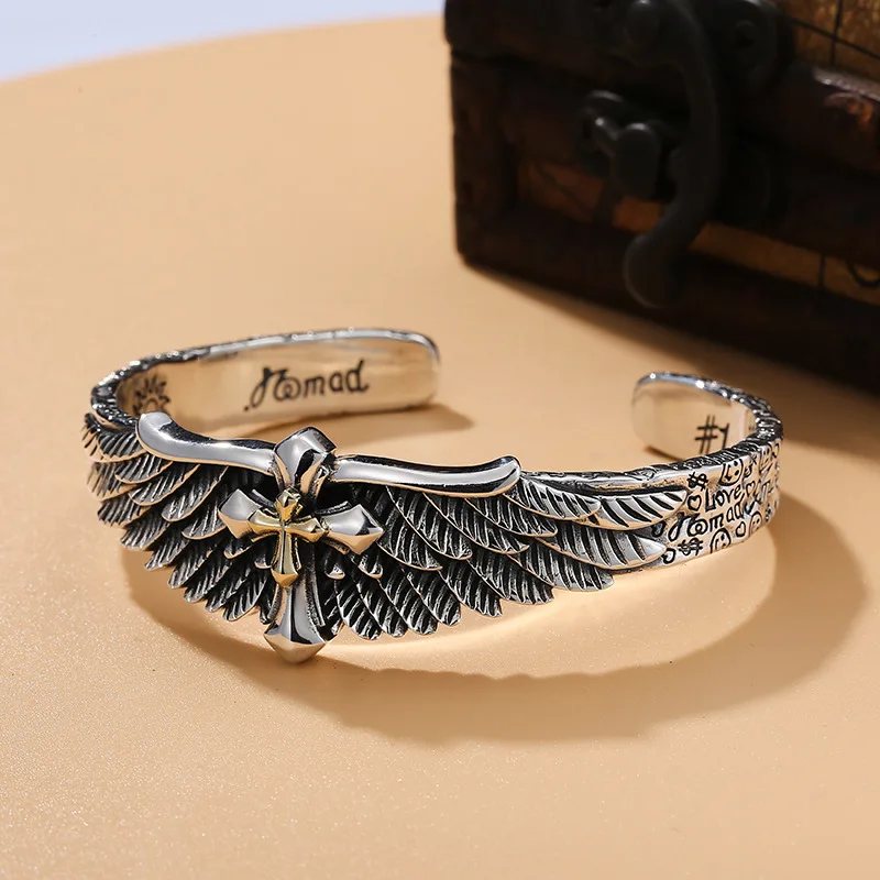 BOCAI  New Pure S925 Silver Jewelry Punk Cross Graffiti Wings Trendy Man Bracelet Valentine's Day Gift