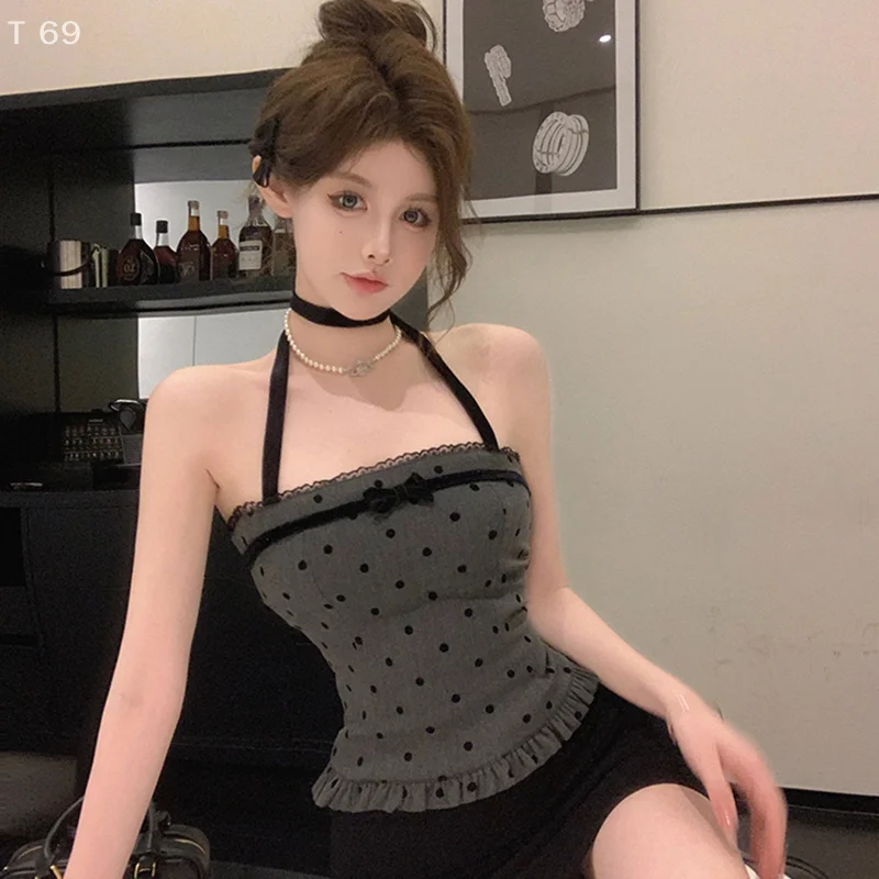 

Korean Summer Versatile Sweet Girl Style Version Simple Hanging Neck Polka Dots With Bow Design Strap Strap Short Top