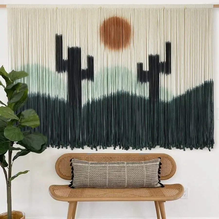 

Wall Hanging Green Cactus Wall Decor Macrame Wall Decor 57 W x 35 L DipDye Large Yarn Tapestry Fiber Art Home Decor