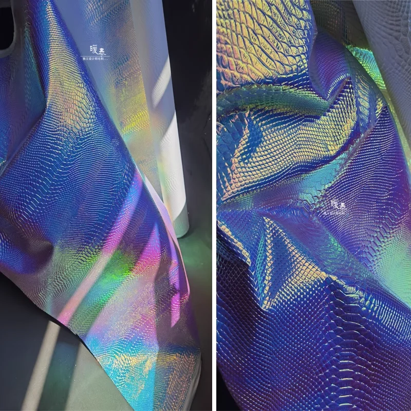 Reflective Leather Fabric Blue Pink Snake Skin Texture DIY Patches Bag Stage Cosplay Decor Dress Clothes Designer Fabric