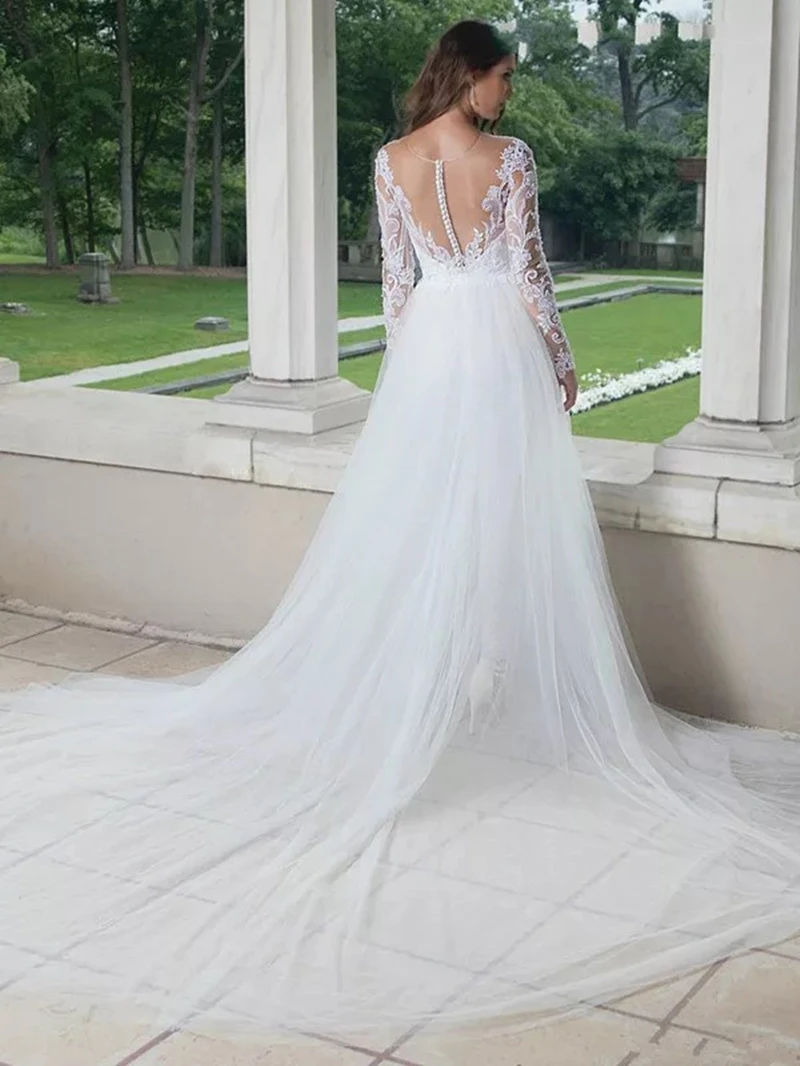 Jumpsuit Wedding Dresses with Detachable Train Vintage Lace Appliques Puffy Tulle Skirt Backless Bridal Gowns with Button Back