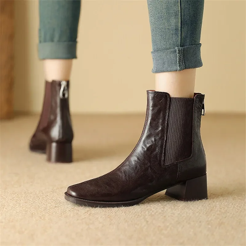 Nuevas Botas De Mujer De cuero genuino De Otoño Invierno, Botas De punta cuadrada a la moda para Mujer, Botas cortas para Mujer, Botas De tacón grueso para Mujer