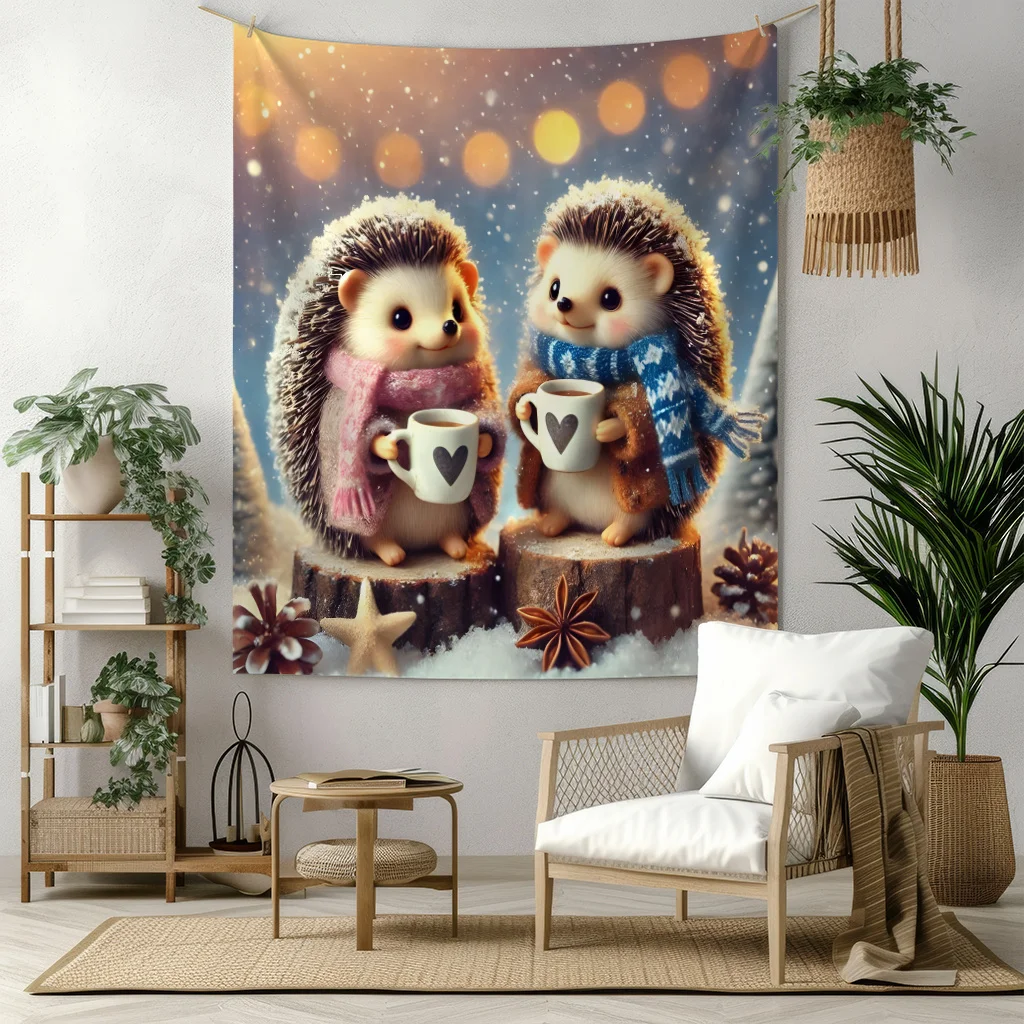 An Ideal Christmas Atmosphere with a Sofa Throw Blanket in The Living Room, Featuring a Cozy Winter Hedgehog Design. This Soft A