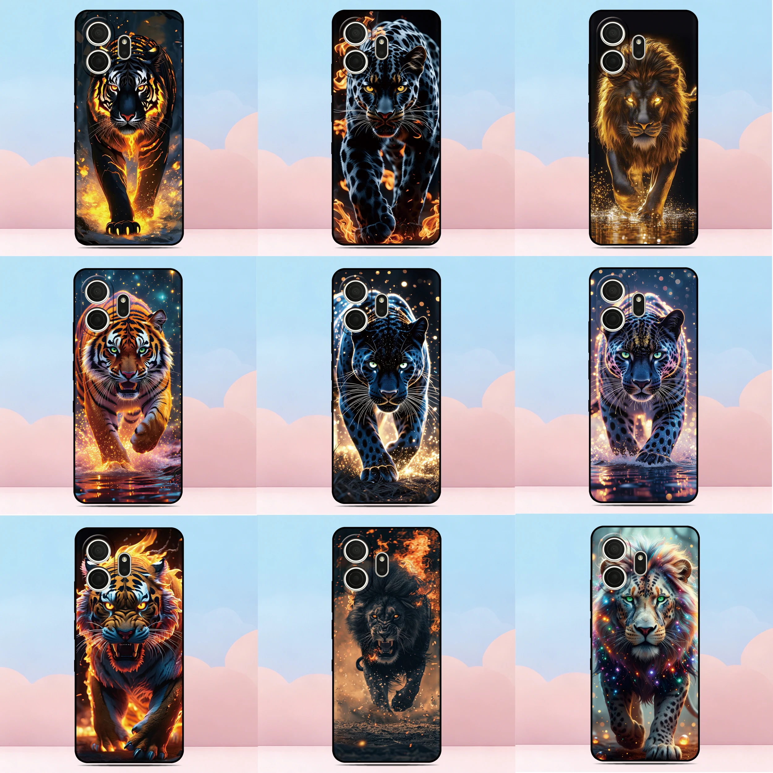 Funda de teléfono con diseño de leopardo, tigre y león para TCL NxtPaper 70 Pro 5G, cubierta trasera de TPU pintada en negro, funda de silicona suave, película protectora de pantalla