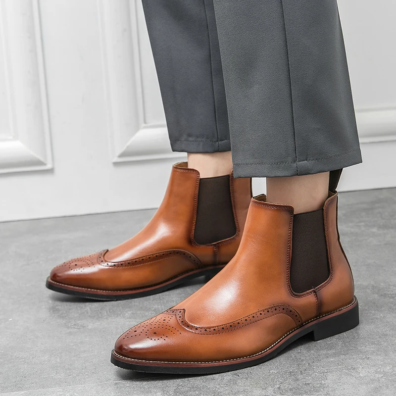 Mens Genuine Leather Brogue Chelsea Boots, Business Casual Ankle Boots