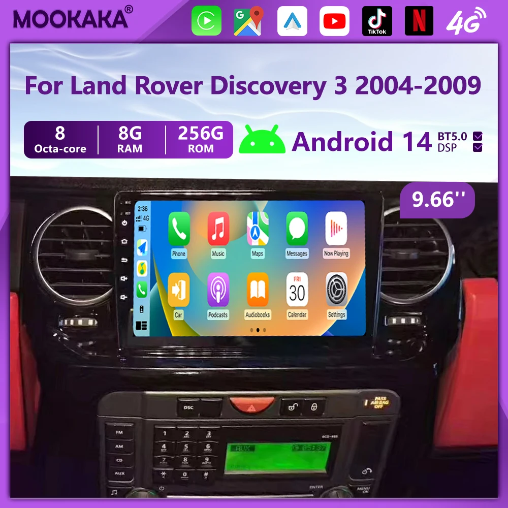 

9,66-дюймовый экран, Android 14, автомобильная магнитола для Land Rover Discovery 3 2004-2009, мультимедийный видеоплеер, стереосистема, GPS, DSP, CarPlay