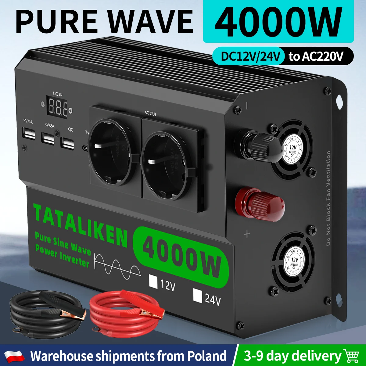 6000W/9000W Reiner Sinus-Wechselrichter, 220V AC Stromwandler mit 4 Europäischen Steckdosen, Temperaturgesteuerter Lüfter für Auto/Wohnmobil/Solar