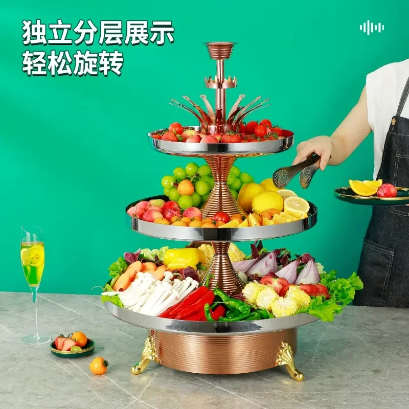 for Luxury Gold Plated 3 Tier Rotating Vegetable Tower Seafood Coffee Plate Hot Pot Lobster Lettuce Fruit Serving Tray
