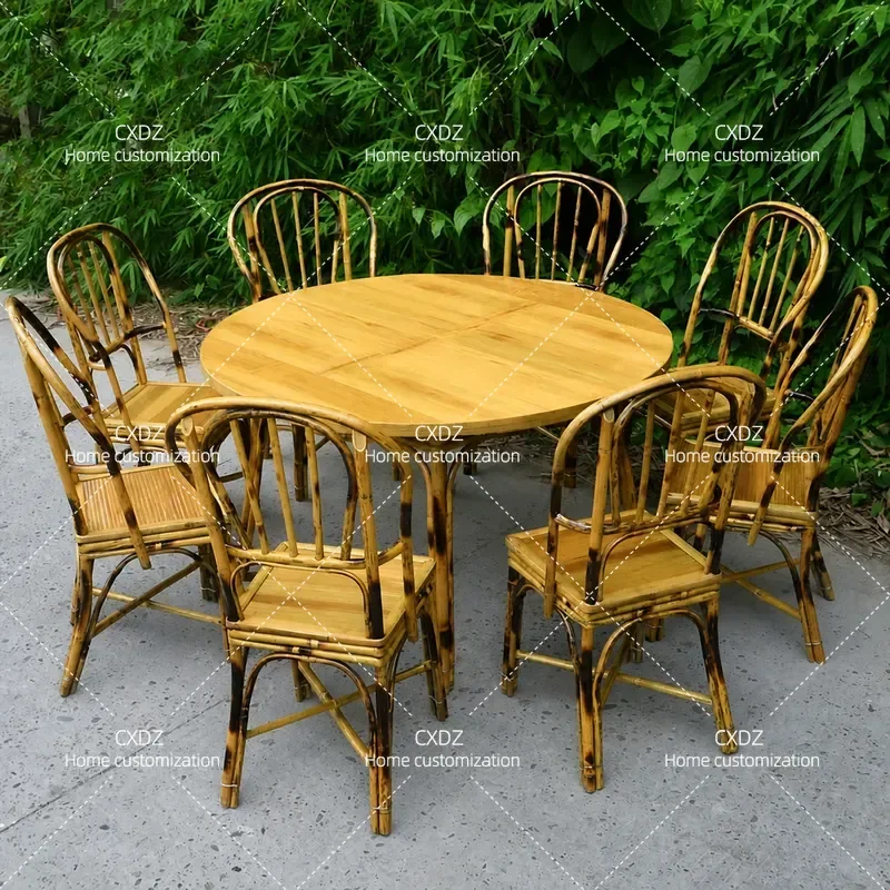 Vintage Bamboo Dining Table Chair Set Woven Large Round Commercial BBQ Hot Pot
