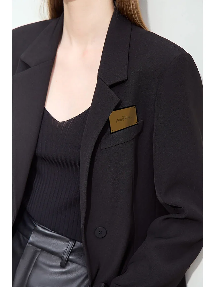Amii Minimalism Women\'s Blazers 2024 Autumn New Lapel Collar Shoulder Pad Fashion Slit Mid-length Basic Female Jackets 12443096