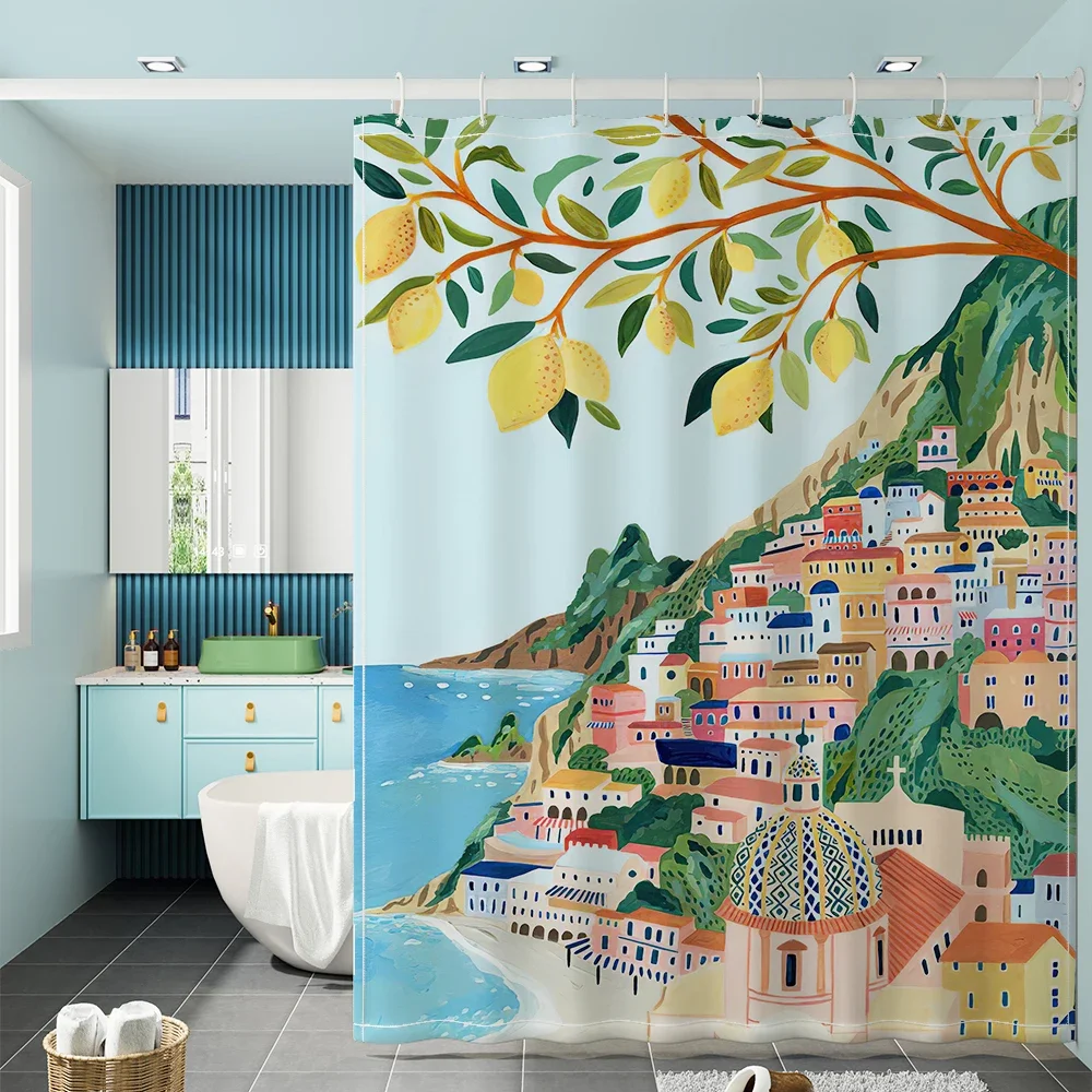 Morandi Town Shower Curtain Nordic Style Mildew Proof Bathroom Curtain Polyester Waterproof Fabric Curtain Bathroom With Hooks