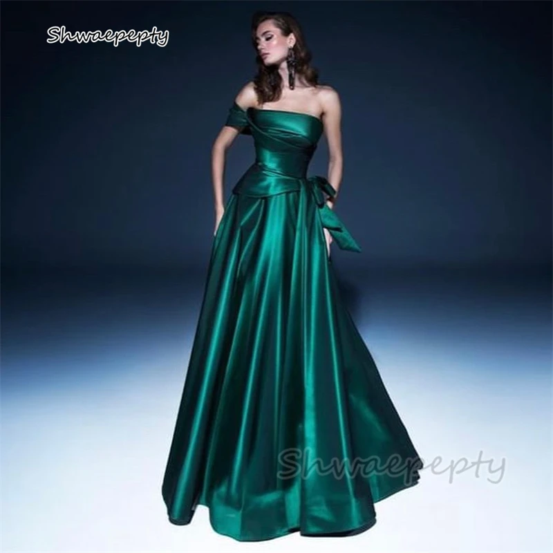 Emerald Green Satin A Line Evening Dresses One Shoulder Ruched Strapless Floor Length Simple Formal Occasion Gowns Elegant Prom