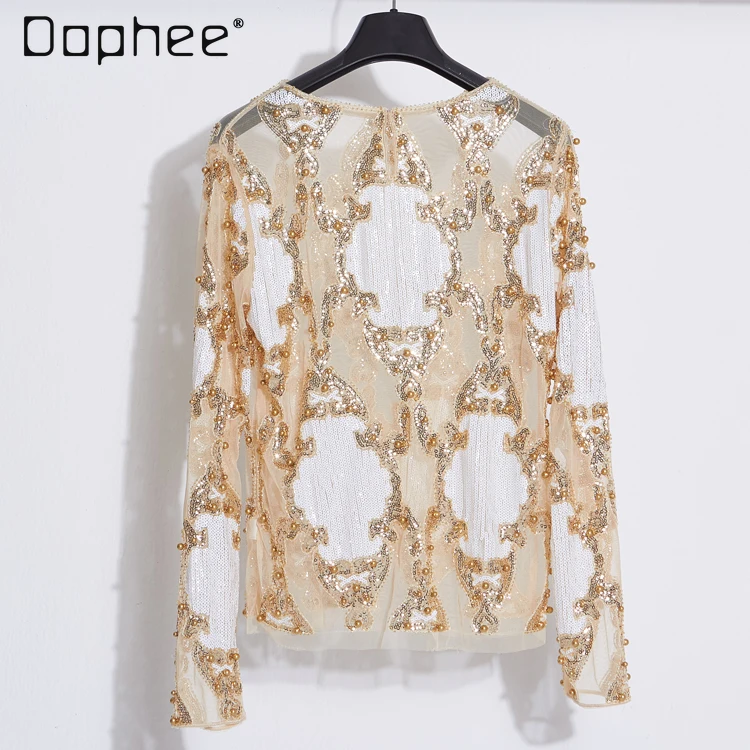 European Station New Sexy Personality Perspective Lace Long Sleeve Top Women's Heavy Industry Beaded Sequin Bottom Shirt Trend