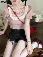 KOSAHIKI Japanese Kawaii Lace Ruffle Square Collar T Shirts Women 2025 Harajuku Lolita Tee Shirt Femme Camiseta Crop Top Summer