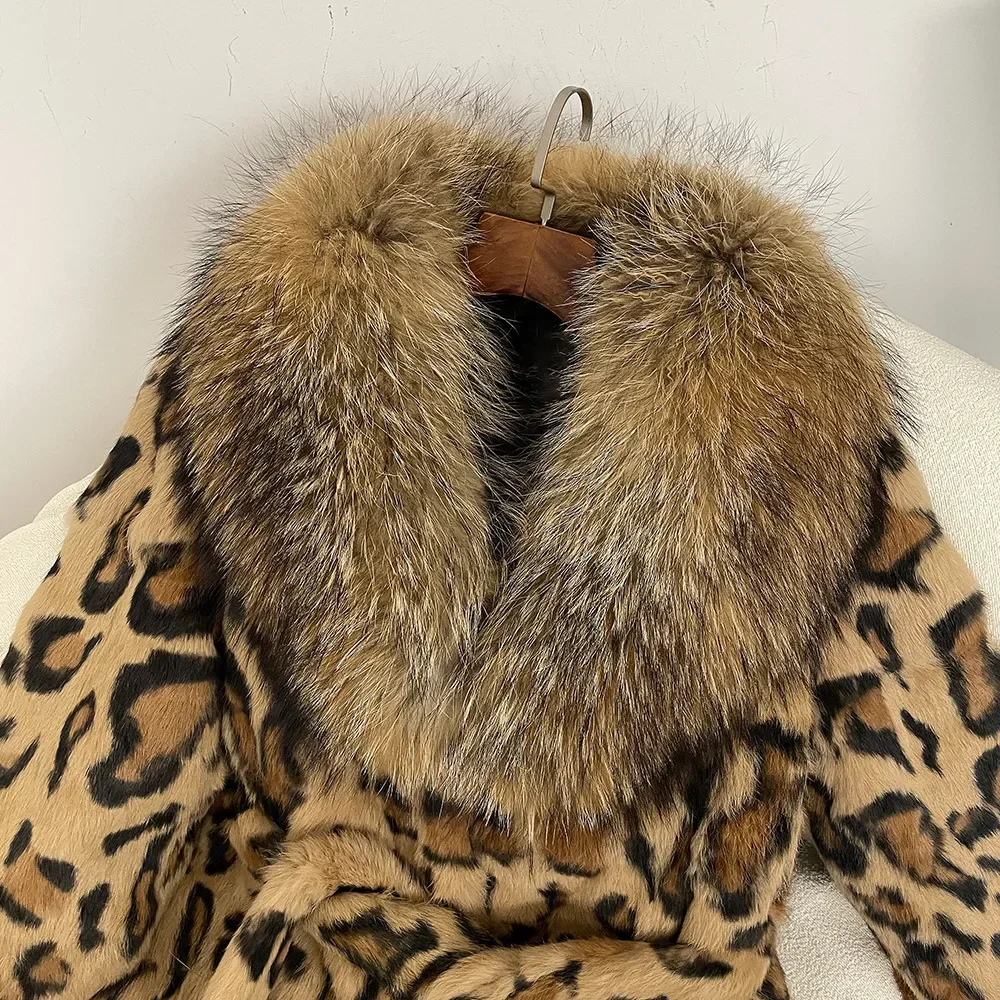 2024 autunno/inverno stampa leopardata vera pelliccia di coniglio cappotto di pelliccia di volpe di media lunghezza da donna abito di pelliccia