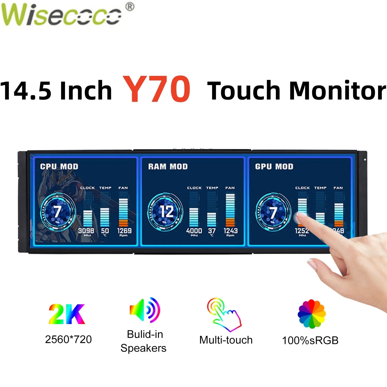 Wisecoco 12.6/14.5 Inch 2K IPS PC Laptop Gaming Touchscreen CPU GPU Temperature Monitoring Display for Y60/Y70 Water-Cooled Case