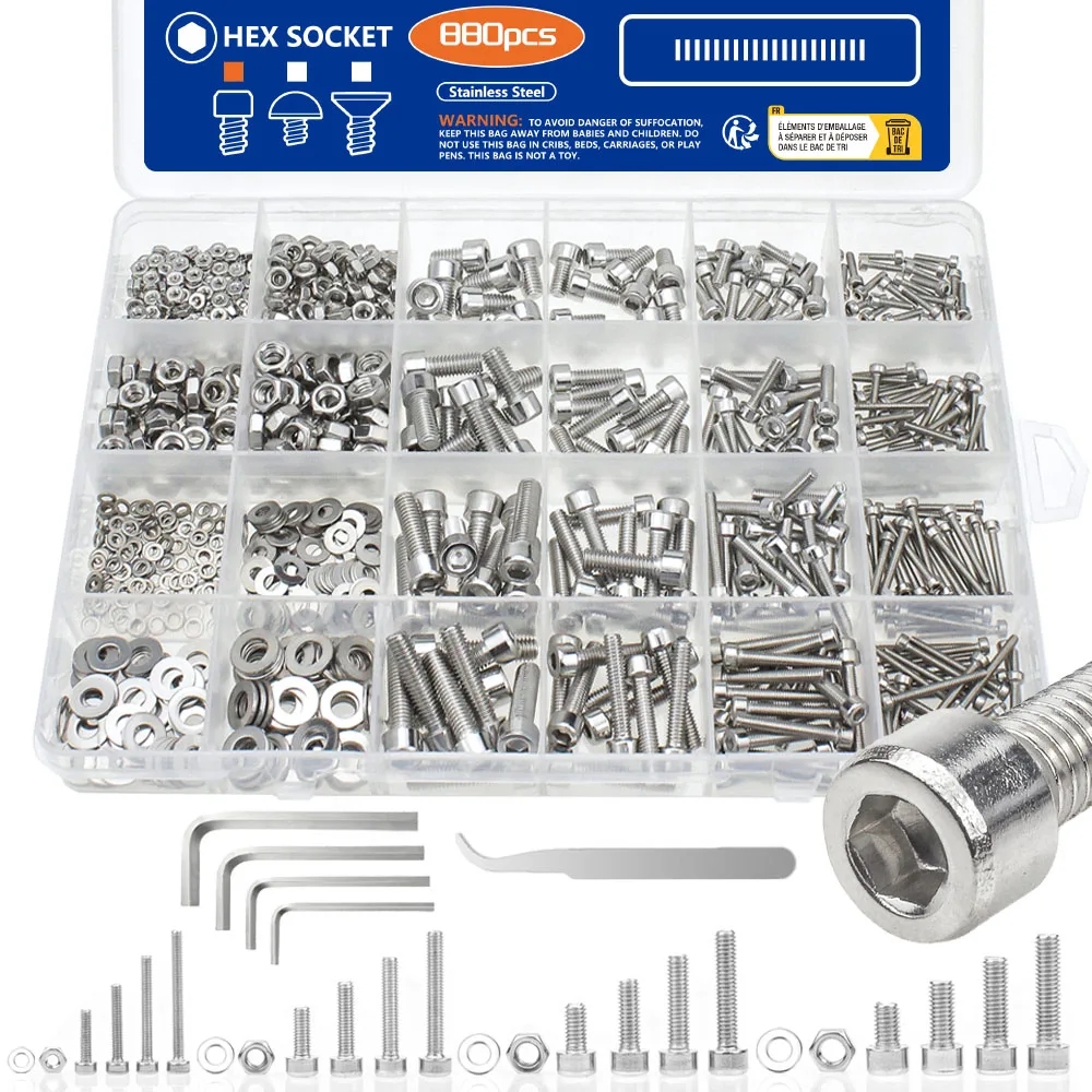 

880Pcs Hexagon Hex Socket Head Cap Screw Set M2 M3 M4 M5 304 Stainless Steel Nuts & Washer Assortment Kit