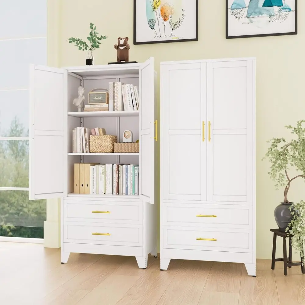 

71 High Metal Pantry Cabinet with 2 Doors and Shelves, White Kitchen Storage for Bedroom and Dining Room