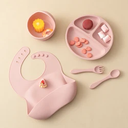 5PCS Silicone Dinner Sets For Baby Non-Slip Bowl Suction Plate Adjustable Bib Soft Utensils Feeding Training Baby Meal Tray