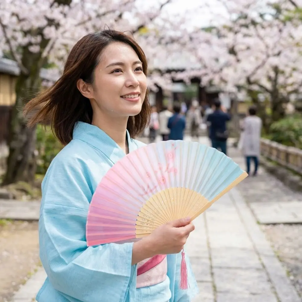 Colorful Hand Folding Fan Traditional Wooden Handle Chinese Style Fan Vintage with Tassel Dance Fan Travel Accessory