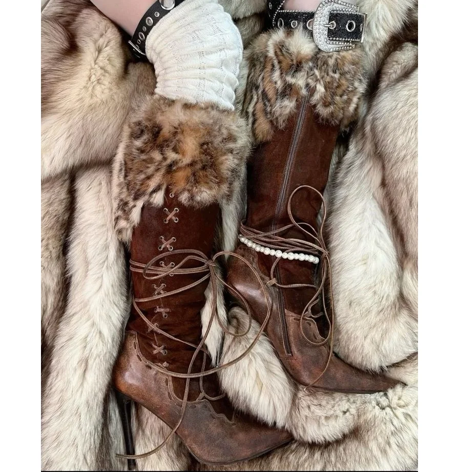 Vintage Leopard Fur Leather Brown Knee High Boots Women's Lace up Patchwork High Heels Zip Pointy Toe Long Boot Designer Shoes