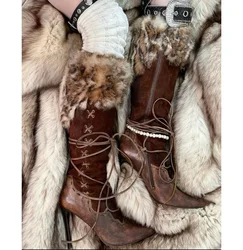 Vintage Leopard Fur Leather Brown Knee High Boots Women's Lace up Patchwork High Heels Zip Pointy Toe Long Boot Designer Shoes