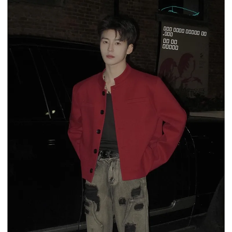 

Spring 2025 Men's ort Stand Collar Jaet Sli Pad oulder Western Coat Old Money Trendy Brand Cool Guy Polyester Fiber