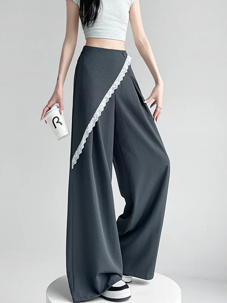 Jmprs بدلة حلوة غير رسمية واسعة الساق بانت المرأة تصميم الأزياء عالية الخصر الحرير الجليد بنطلون الصيف الكورية أنيقة الإناث شيك السراويل