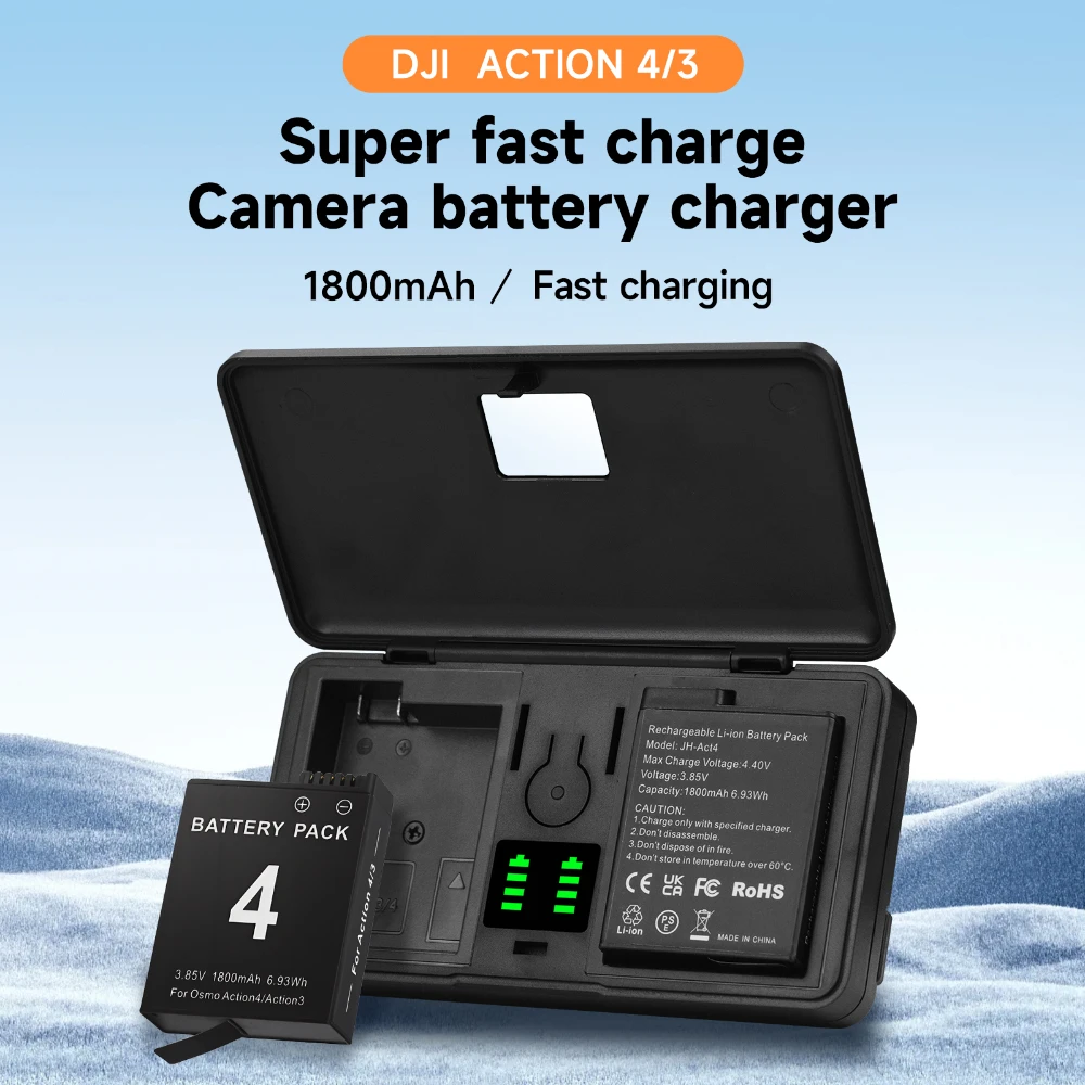 1800mAh 3.85V For DJI Osmo Action 4 Battery+Fast Charge Case For Osmo Action 4 Action 3 Sports Camera Accessories Camera Battery