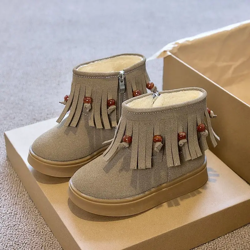Girls Winter Waterproof Ankle Boots with Fringe Furry Genuine Leather Short Boots for Kids Anti Slip Trendy Children's Shoes