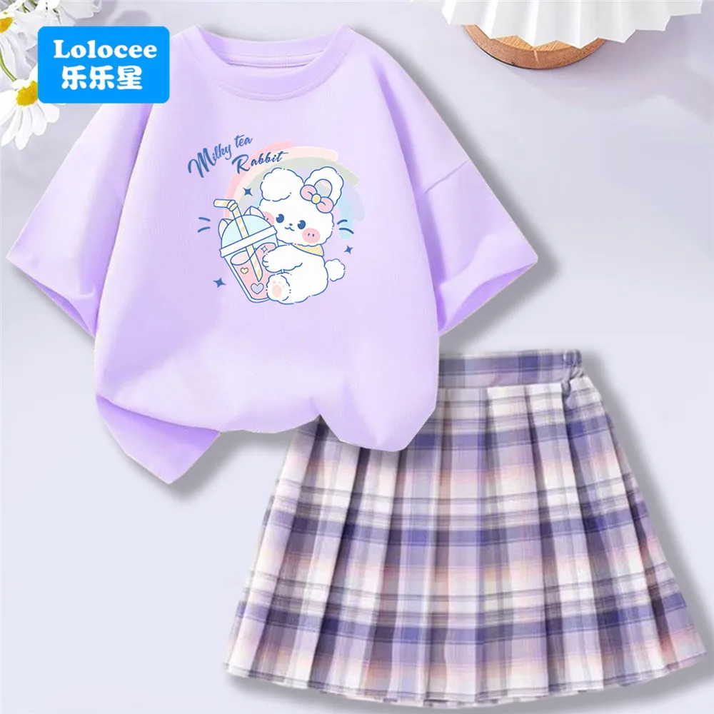 Lolocee Zweiteiliges Set für Kinder: Cartoon-Kurzarm-Milky-Tee-Kaninchen-T-Shirt + karierter Rock, Mädchen-Outfit, trendige Mädchenkleidung