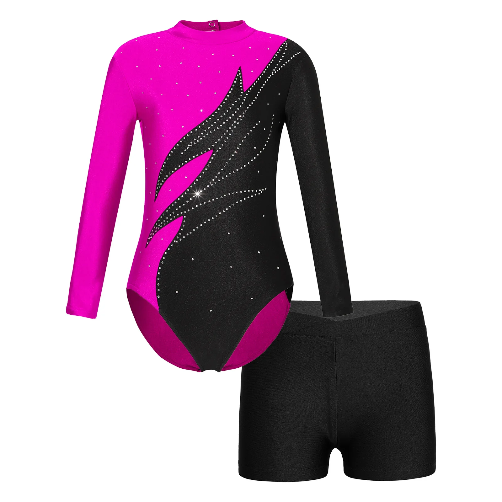 

2Pcs Kids Girls Acrobatics Gymnastic Dance Leotard Long Sleeve Contrast Color Shiny Rhinestones Bodysuit+Shorts for Competition