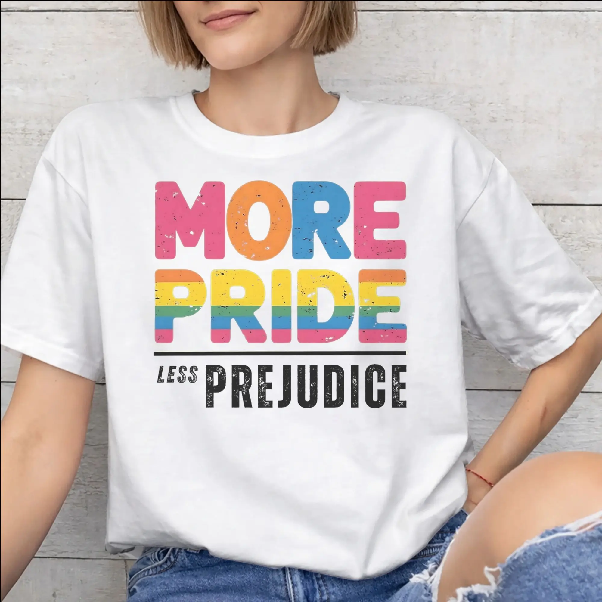 Printed More Pride Less Prejudice  T Shirt for Men Women  100% Cotton T-shirts Short Sleeve Clothing