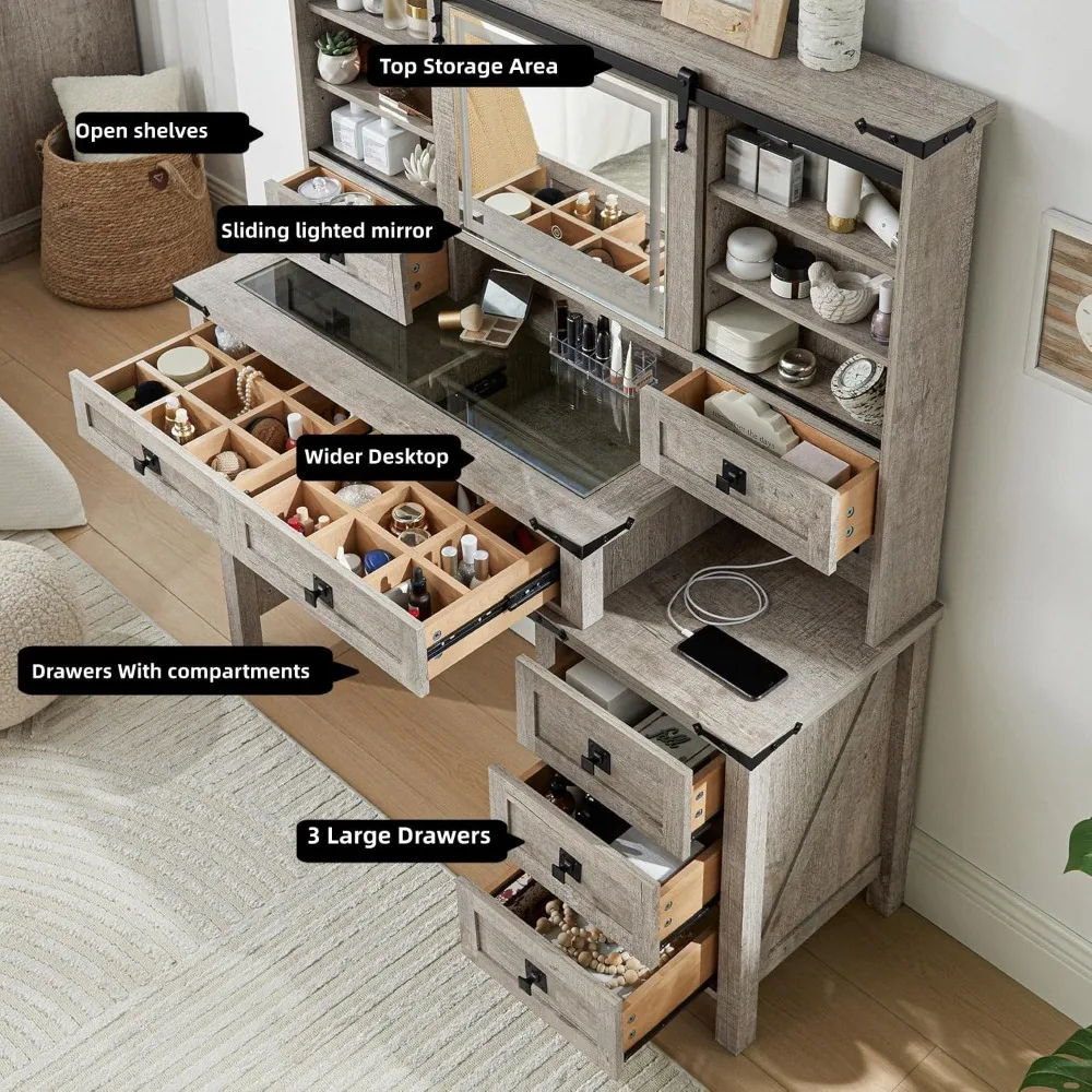 مكتب مكياج للمزرعة مقاس 48 بوصة مع مرآة LED، طاولة تزيين حديثة، 7 أدراج، محطة شحن، سطح زجاجي لغرفة النوم #3
