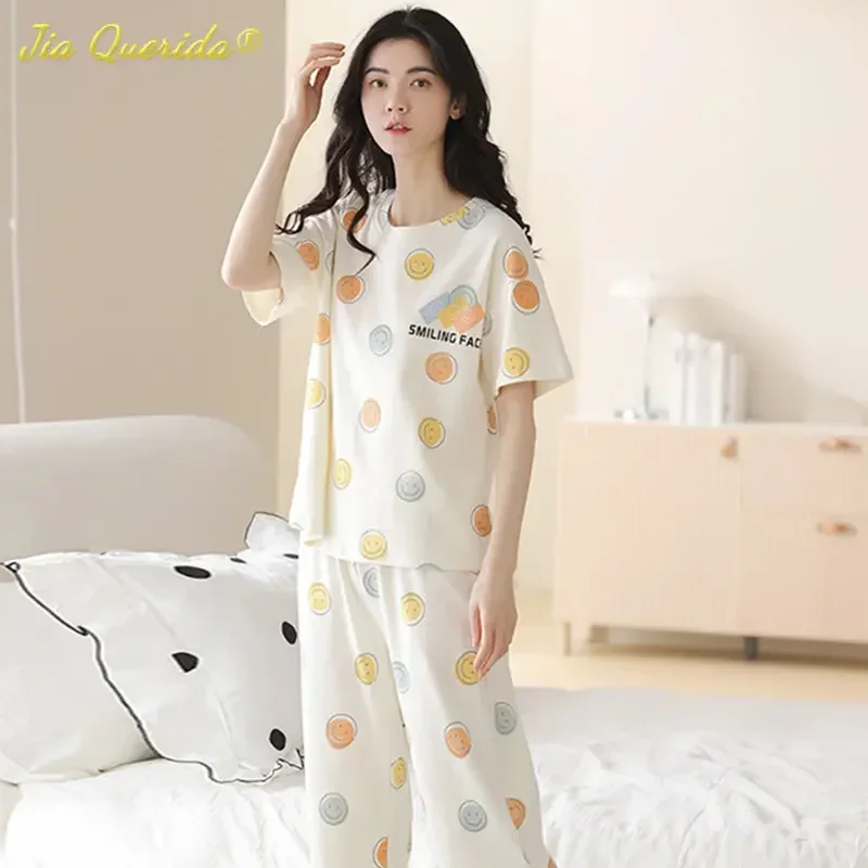 SUKAE Summer 100% Cotton Elegant Womens Pajamas Set Casual Capris Sleepwear for female Knee-length Homewear for Woman Nightwear